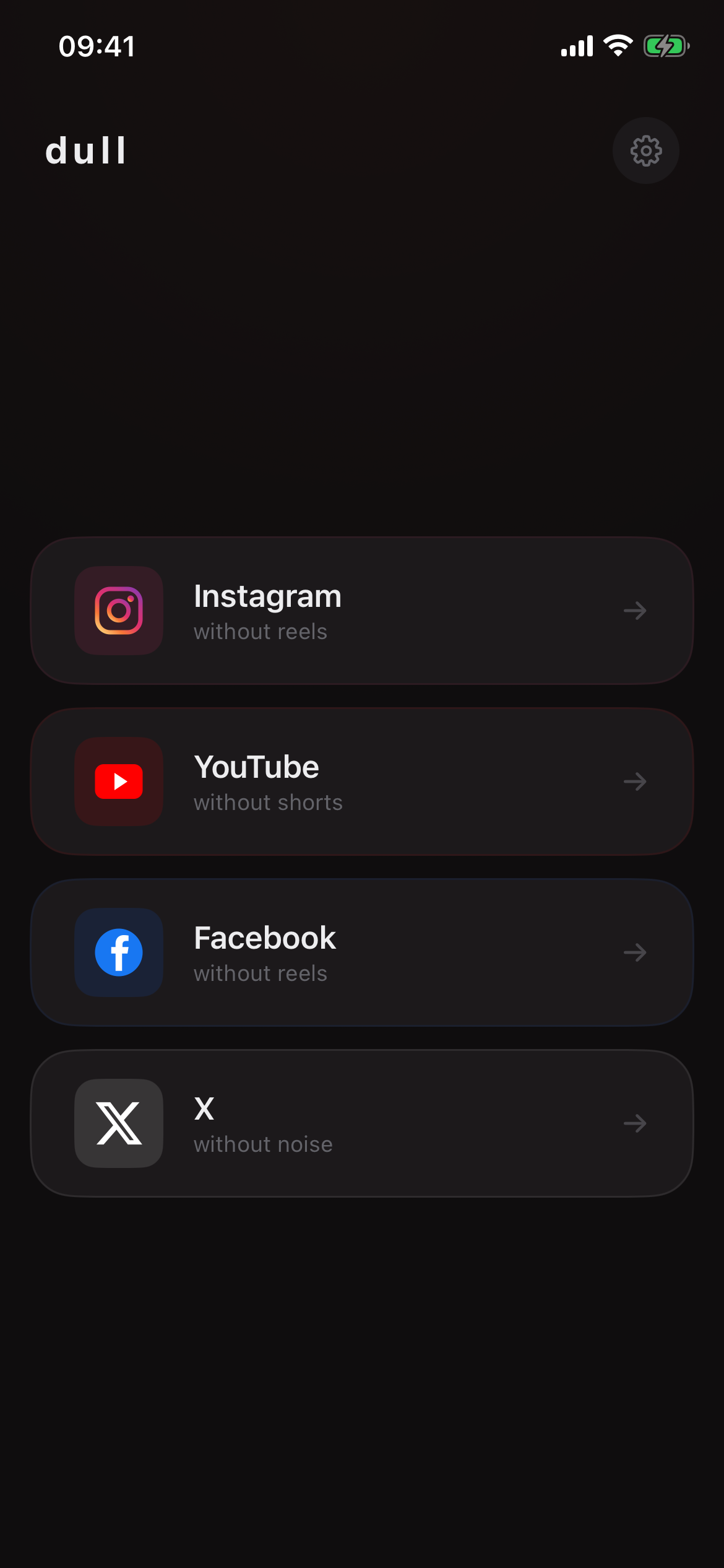 Dull home screen with Facebook among the supported platforms